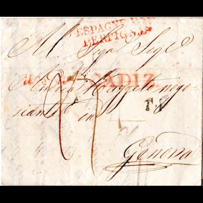 Spanien 1833, Brief v. Cadiz via Frankreich ins Königreich Sardinien, Italien. 