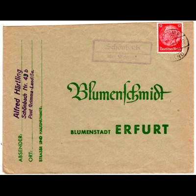 DR 1937, Landpost Stpl. SCHÖNBACH über Grimma auf Brief m. 12 Pf.