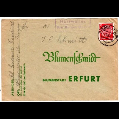 DR 1937, Landpost Stpl. HORRWEILER über Bingen auf Brief m. 12 Pf.
