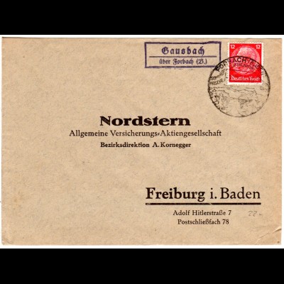 DR 1935, Landpost Stpl. GAUSBACH über Forbach auf Brief m. 12 Pf.