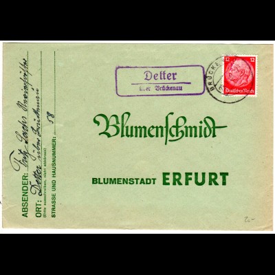 DR 1939, Landpost Stpl. DETTER über Brückenau auf Brief m. 12 Pf.