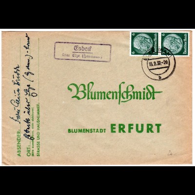 DR 1937, Landpost Stpl. ESBECK über Elze auf Brief m. 2x6 Pf.