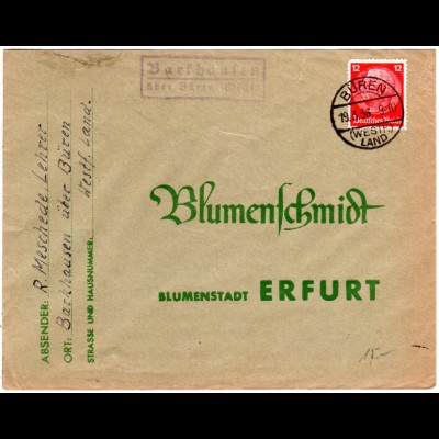 DR 1936, Landpost Stpl. BARKHAUSEN über Büren auf Brief m. 12 Pf.
