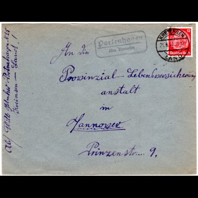 DR 1933, Landpost Stpl. PORTENHAGEN über Kreiensen auf Brief m. 12 Pf. 