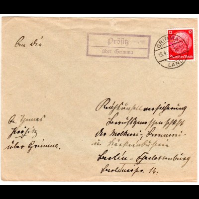 DR 1935, Landpost Stpl. PRÖSITZ über Grimma klar auf Brief m. 12 Pf. 