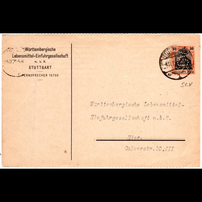 DR 1920, 30 Pf. Germania m. perfin SCV auf Karte v. Stuttgart