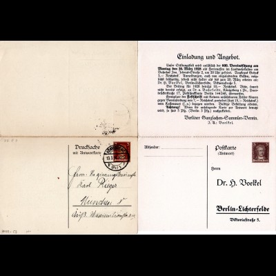 DR, 1928 gebr. 3+3 Pf. Doppelkarte Privatganzsache Berliner Ganzsachen Verein