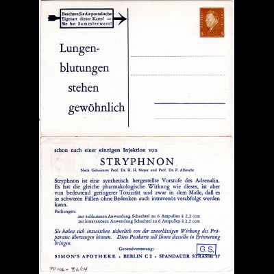 DR, ungebr. 3 Pf. Privatganzsache Stryphnon, Simon´s Apotheke Berlin