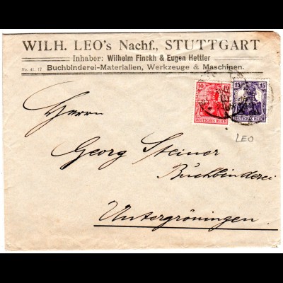 DR 1919, 10+15 Pf. Germania m. perfin auf Firmen Brief v. Stuttgart