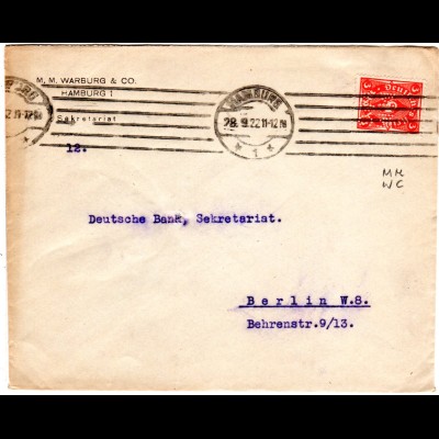 DR 1922, 3 Mk. m. perfin auf Firmen Brief v. Hamburg