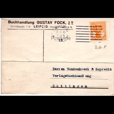 DR 1916, 7 1/2 Pf. Germania m. perfins auf Firmen Karte v. Leipzig