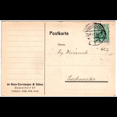 DR 1912, 5 Pf. Germania m. perfins auf Firmen Karte v. Düsseldorf