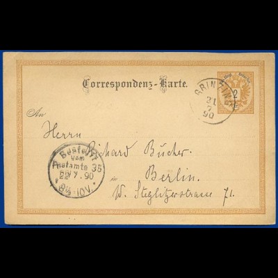 Österreich 1890, K1 "GRINZING (Nö) auf Ganzsache n. Berlin. #S473