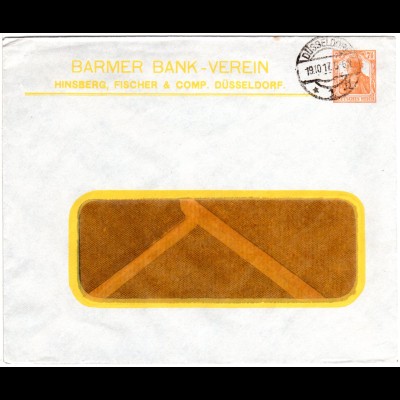 DR 1917, gebr. 7 1/2 Pf. Germania Privatganzsache Umschlag Barmer Bank Verein