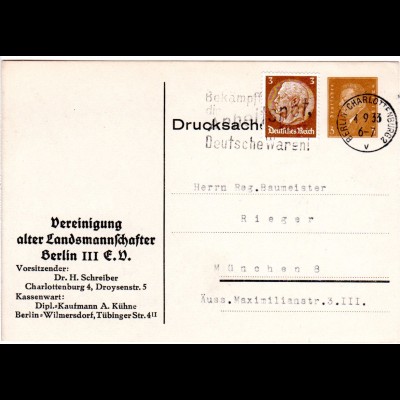 DR, gebr. 3 Pf. Privatganzsachenkarte Vereinigung alter Landmannschafter Berlin