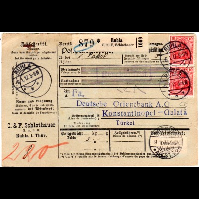 DR 1917, 2x10 Pf. m. perfins+rücks. 2 Mk. auf Paketkarte v. Ruhla i.d. Türkei