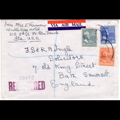 USA 1952, 10+15+30 C. Präsidenten auf Reko-Luftpost Brief v. Palm Beach n. GB