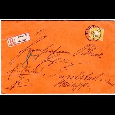 Bayern 1907, EF 40 Pf. auf portorichtigem Einschreiben Brief v. München 11