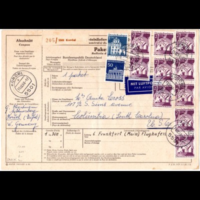 BRD 1966, Massenfrankatur 10x2+1 DM+50 Pf. auf Luftpost Paketkarte v. Kordel 