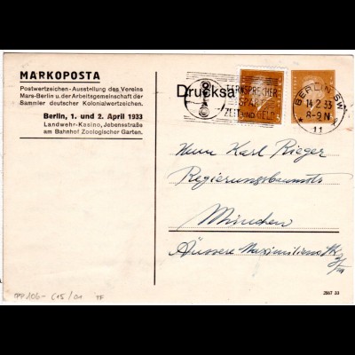 DR, gebr. 3 Pf. Drucksache Privatganzsachenkarte Markoposta Berlin 1933
