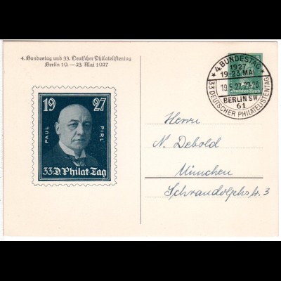 DR, gebr. 5 Pf. 33. Dt. Philatelistentag Mai 1927 m. Abb. Paul Pirl in blau