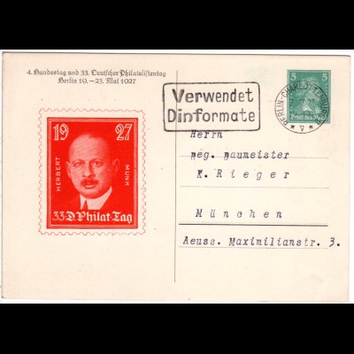 DR, gebr. 5 Pf. Privatganzsache 33 Dt. Philatelistentag Mai 1927 m. Abb. H. Munk