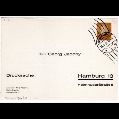DR 1931, gebr. 3 Pf. Drucksache Privatganzsache G. Jacoby Hamburg 