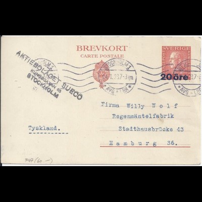 Schweden 1923, 20 öre Überdruck Ganzsache gebr. n. Deutschland. P47 (60.-)