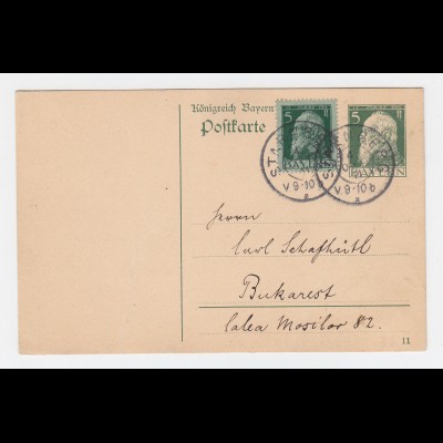 Bayern 1911, 5 Pf. Zusatzfrankatur auf Ganzsache v. Starnberg n. Rumänien. #2373
