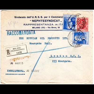 Italien 1927, 75 C.+2x1,25 L. Volta auf Einschreiben Brief v. Milano n. GB
