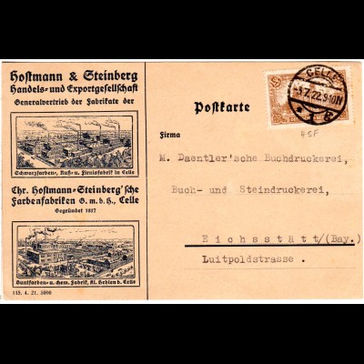 DR 1922, 2,50 Mk. m. perfin auf illustrierter Firmenkarte v. Celle n. Eichstädt