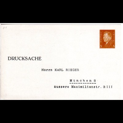 DR, ungebr. 3 Pf. Privatganzsachenkarte Karl Rieger München 8