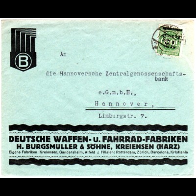 DR 1923, 75 T./1000 Mk. m. perfin auf Firmenbrief v. Kreiensen