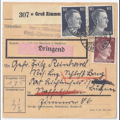 DR 1942, Groß Zimmern, Paketkarte m. Extra Gebühr "Dringend". #1871