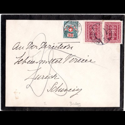 Österreich 1922, 2x10 Kr. auf Trauer Brief v. Brixlegg m. 25 C. Schweiz Porto