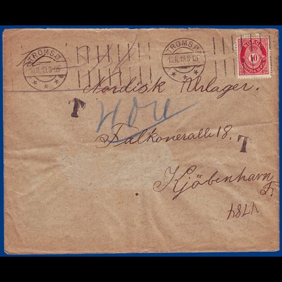Norwegen 1919,Tromsö, "T" Porto Brief n. Dänemark. "4 öre". #S806