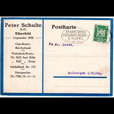 DR 1926, 5 Pf. m. perfin auf Firmenkarte v. Elberfeld