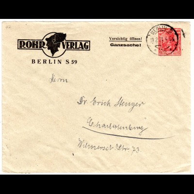 DR 1921, sauber gebr. 40 Pf. Germania Privatganzsache Brief Rohr Verlag Berlin