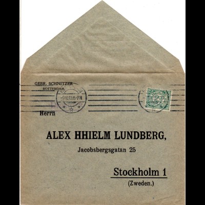 NL 1913, 2 1/2 C. m. perfin Firmenlochung auf Brief v. Rotterdam n. Schweden