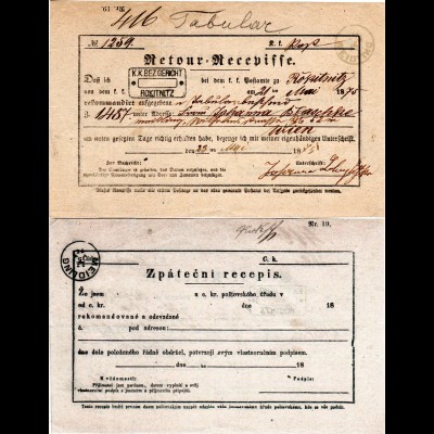 Österreich 1875, Postschein Retour Recepisse m. Stempeln ROKITNITZ u. Meidling