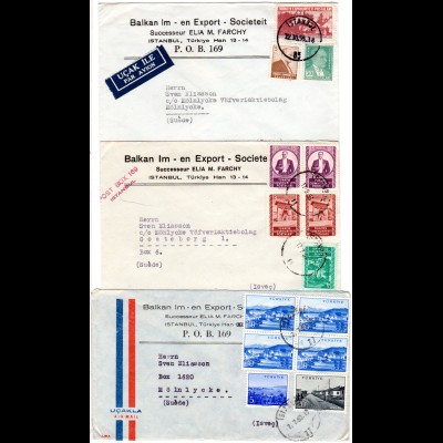 Türkei 1953/60, 3 Firmen Briefe m. versch. Frankaturen v. Istanbul n. Schweden.