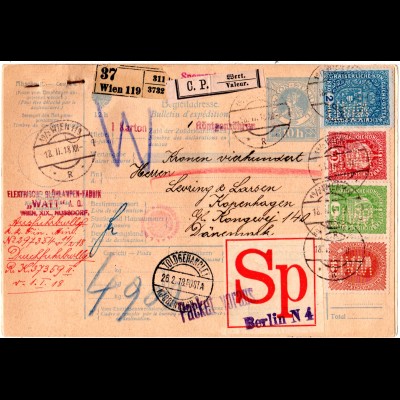Österreich 1918, Marken m. perfins WATT auf Wert-Paketkarte v. Wien n. Dänemark