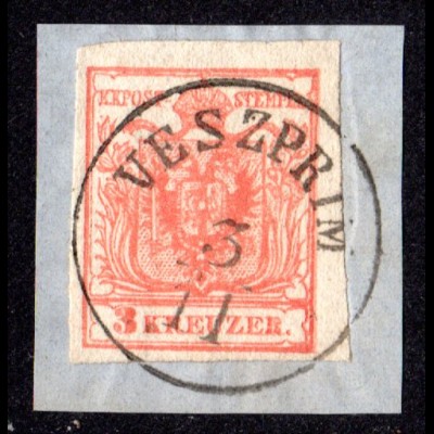 Österreich, VESZPRIM, klarer Ungarn-K1 auf schönem Briefstück m. breitr. 3 Kr.