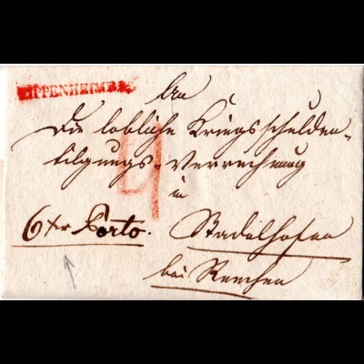 Baden 1835, roter L1 Kippenheim R1 auf Landboten Brief n. Stadelhofen b. Renchen