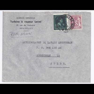 Belgien 1947, 5 F. -10% (Überdr.rot) van Aker auf Luftpost Brief n Schweden.#935