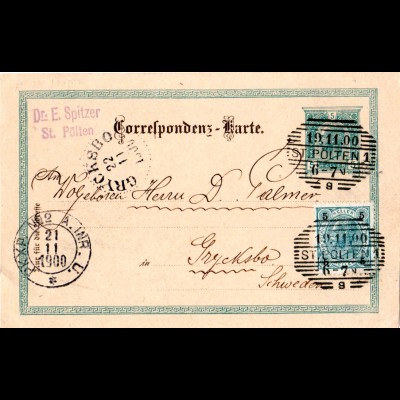 Österreich 1900, 5 H. Zusatzfr. auf 5 H. Ganzsache v. St. Pölten n. Schweden