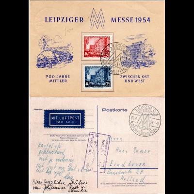 DDR 1954, Leipziger Messe Sonderkarte m. beiden Marken u. per Luftpost n. NL