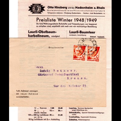Franz. Zone 1948, MeF 2x2 Pf. Rheinland-Pfalz auf Faltdrucksache v. Nackenheim