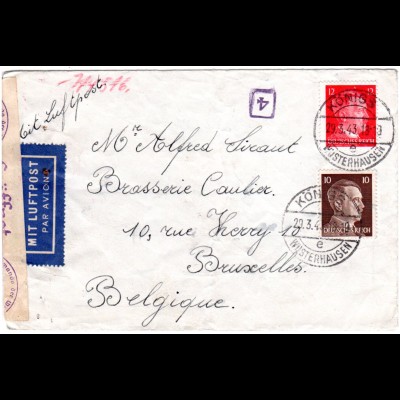 DR 1943, 10+12 Pf. auf Luftpost Zensur Brief v. Königs-Wusterhausen. Europaporto