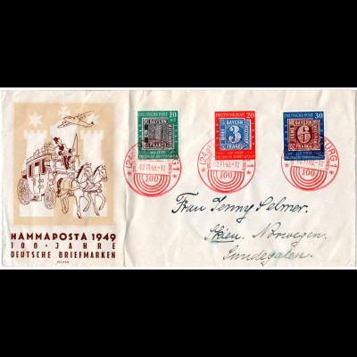 BRD 1949, 110 J. Dt. Marken, alle 3 Werte auf Hammaposta Umschlag m. rotem Stpl.